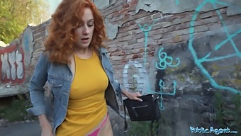 A Stunning Redhead Waitress Gives A Blowjob And Has Doggystyle Sex Outdoors